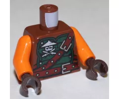 Torso Ninjago Green Armor with Belts, Ninja Skull with Crossed Swords and Scabbards Pattern / Orange Arms / Dark Brown Hands