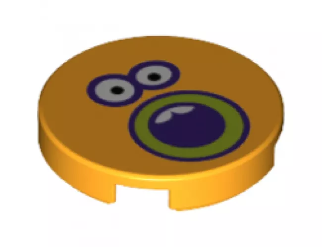 Tile, Round 2 x 2 with Bottom Stud Holder with Sunflower Face, Dark Purple and Lime Outlined Open Mouth and Eyes Pattern