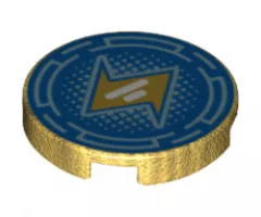 Tile, Round 2 x 2 with Bottom Stud Holder with Broken Circles, Silver Dots and Gold Lightning Bolt Pattern (70635)