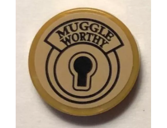 Tile, Round 2 x 2 with Bottom Stud Holder with Keyhole and 'MUGGLE WORTHY' Pattern (Sticker) - Set 75952
