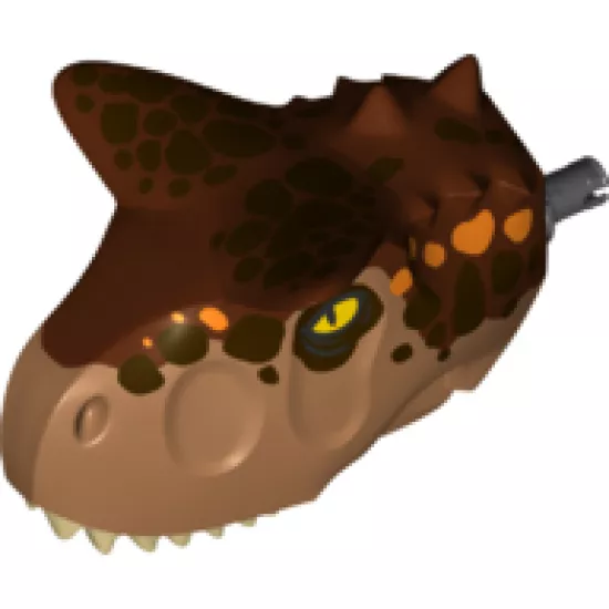 Animal, Body Part Dinosaur Head Carnotaurus with Pin, Tan Teeth, Reddish Brown Top and Dark Brown and Orange Spots Pattern