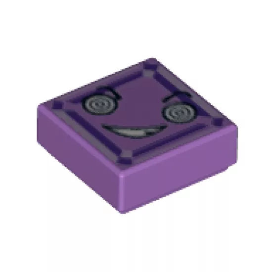 Tile 1 x 1 with White Hypnotic Eyes, Crooked Smile with Teeth, Lavender and Dark Purple Square Pattern (Kryptomite Face)