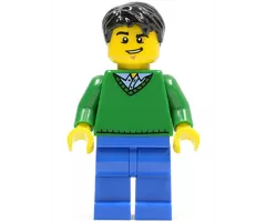 Green V-Neck Sweater, Blue Legs, Black Short Tousled Hair, Lopsided Grin