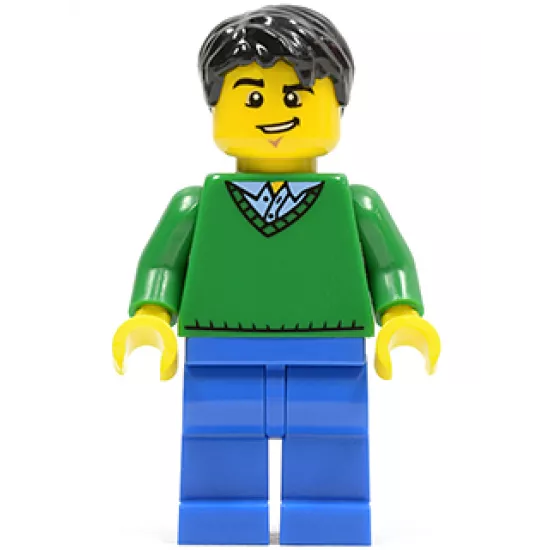 Green V-Neck Sweater, Blue Legs, Black Short Tousled Hair, Lopsided Grin