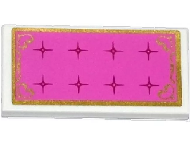 Tile 2 x 4 with Dark Pink Mattress with Magenta Buttons, Gold Border and Hearts Pattern (Sticker) - Set 41060