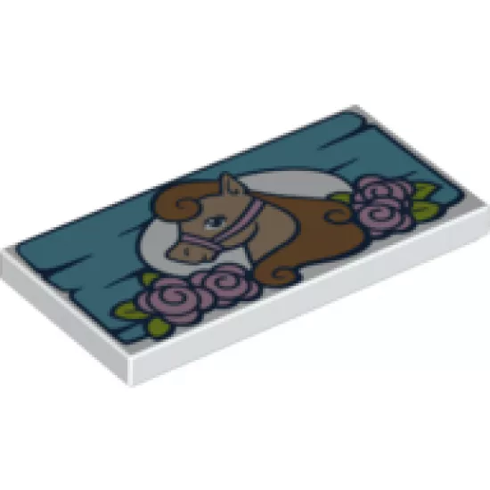 Tile 2 x 4 with Tan Horse and Pink Flowers on Medium Azure Board Pattern