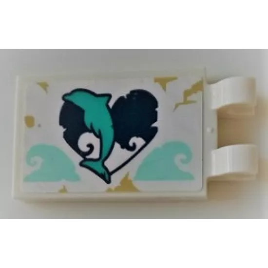Tile, Modified 2 x 3 with 2 Clips with Dark Turquoise Dolphin on Heart Pattern (Sticker) - Set 41378