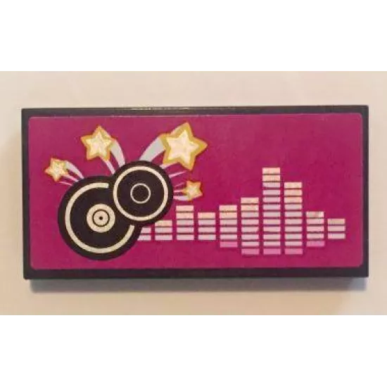Tile 2 x 4 with Black and Silver Record Disks and Silver Frequency Bars on Magenta Background Pattern (Sticker) - Set 41058