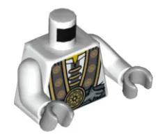 Torso Ninjago Robe with Gray and Gold Trim, Silver Dragons and Gold Flower Symbols Pattern / White Arms / Light Bluish Gray Hands