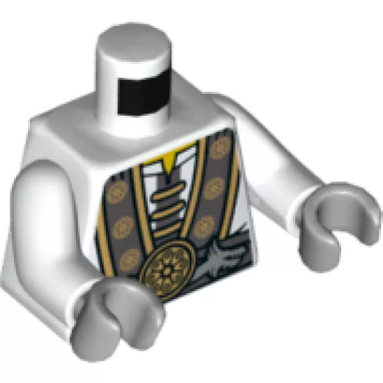 Torso Ninjago Robe with Gray and Gold Trim, Silver Dragons and Gold Flower Symbols Pattern / White Arms / Light Bluish Gray Hands