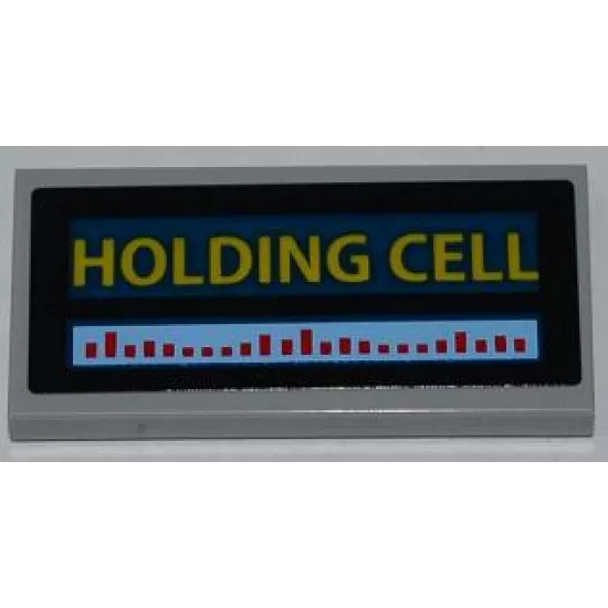 Tile 2 x 4 with Red Bars and Yellow 'HOLDING CELL' on Dark Blue Background Pattern (Sticker) - Set 6860