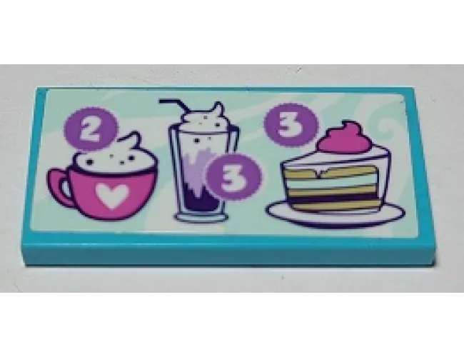 Tile 2 x 4 with Menu with Number 2 and 3 and Mug, Milkshake and Cake Pattern (Sticker) - Set 41336
