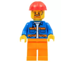 Blue Jacket with Diagonal Lower Pockets and Orange Stripes, Orange Legs, Red Construction Helmet