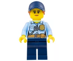 Police - City Officer Female, Bright Light Blue Shirt with Badge and Radio, Dark Blue Legs, Dark Blue Cap with Dark Orange Ponytail