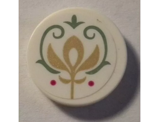 Tile, Round 2 x 2 with Bottom Stud Holder with Gold Crest and Sand Green Scrollwork Pattern (Sticker) - Set 41068