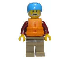 Man, Dark Red Jacket with Bright Light Blue Shirt, Dark Tan Legs, Orange Life Jacket, Dark Azure Sports Helmet, Beard (Rafter)