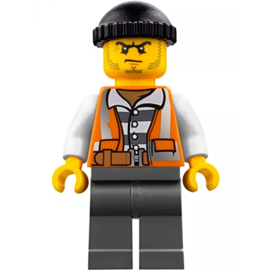 Police - City Bandit Crook Orange Vest, Dark Bluish Gray Legs, Black Knit Cap, Beard Stubble and Scowl