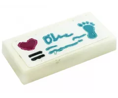 Tile 1 x 2 with Magenta Heart, Black Lines, Medium Azure Cursive Script and Footprint Pattern (Sticker) - Set 41318