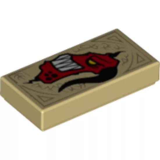 Tile 1 x 2 with Dark Tan Markings and Red Monster Head with White Sharp Teeth and Black Horn Pattern (Nexo Knights Book of Monsters)