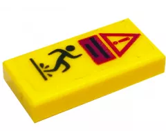 Tile 1 x 2 with Warning Triangle Symbol with Exclamation Mark, Lines and Person Slipping in Water Pattern (Sticker) - Set 41318