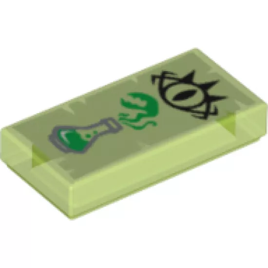 Tile 1 x 2 with Black Goblin Eye and Silver Erlenmeyer Flask with Bright Green Vapors on Yellowish Green Parchment Background Pattern