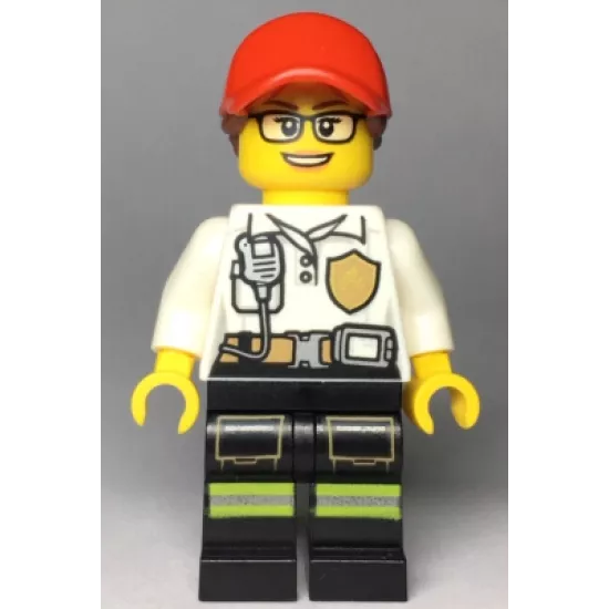 Fire - Female White Shirt with Fire Logo Badge and Belt, Reflective Stripes on Black Legs, Red Cap with Ponytail
