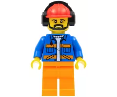Airport Flagman, Red Helmet with Earmuffs, Blue Jacket with Orange Stripes and Legs