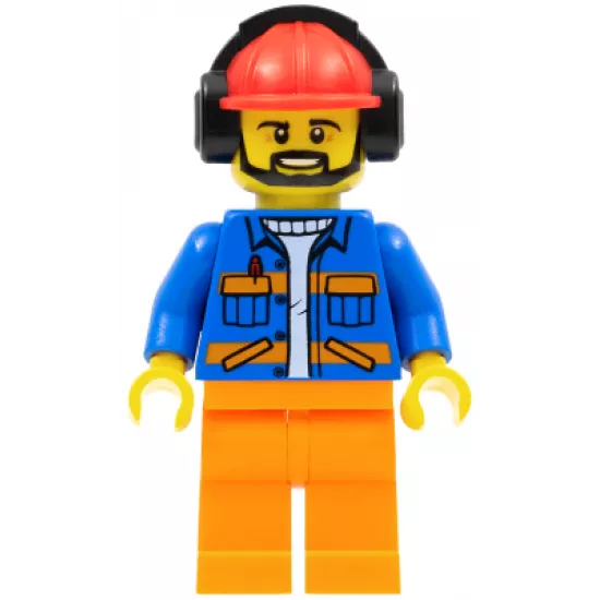 Airport Flagman, Red Helmet with Earmuffs, Blue Jacket with Orange Stripes and Legs