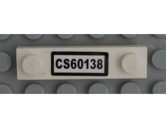 Plate, Modified 1 x 4 with 2 Studs without Groove with 'CS60138' License Plate Pattern (Sticker) - Set 60138