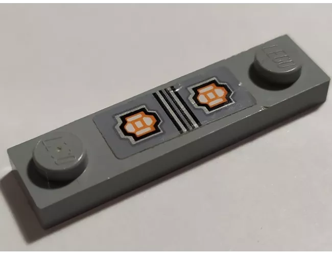 Plate, Modified 1 x 4 with 2 Studs without Groove with Silver Lines and Bright Light Orange Pattern (Sticker) - Set 70322