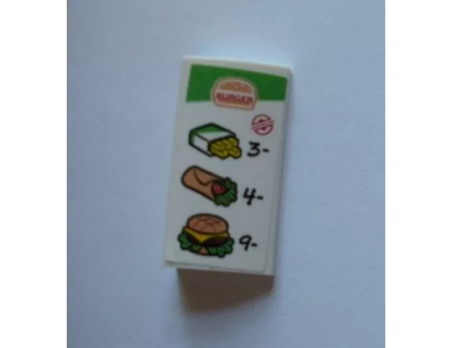 Slope, Curved 2 x 4 x 2/3 with Bottom Tubes with 'BURGER', Fries, Tortilla, Hamburger, '3-', '4-' and '9-' Pattern (Sticker) - Set 60214