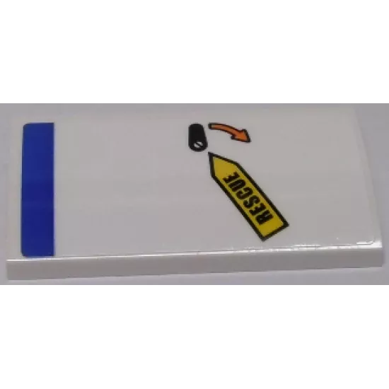 Slope, Curved 2 x 4 x 2/3 with Bottom Tubes with Blue Stripe, Black 'RESCUE', Orange Arrow and Black Lever Pattern (Sticker) - Set 60166
