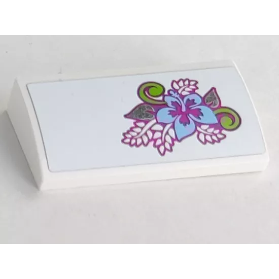 Slope, Curved 2 x 4 x 2/3 with Bottom Tubes with Bright Light Blue, Lime and Magenta Flower and Leaves Pattern (Sticker) - Set 41058