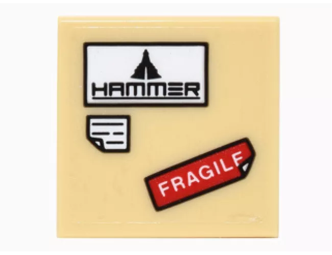 Tile 2 x 2 with 'HAMMER' Logo, Red 'FRAGILE' and White Note with Bent Corner Pattern (Sticker) - Set 76051