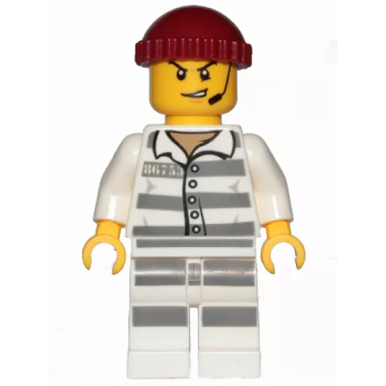 Sky Police - Jail Prisoner 86753 Prison Stripes, Scowl with Open Mouth and Headset, Dark Red Knit Cap