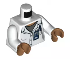 Torso Female Lab Coat over Dark Bluish Gray Shirt, 'DR' ID Badge and Pocket Pattern / White Arms / Medium Nougat Hands