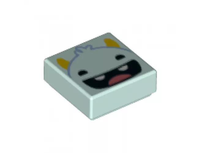 Tile 1 x 1 with Smiling Monster Face, Yellow Horns, Black Eyes, Open Mouth, 2 Teeth and Red Tongue Pattern