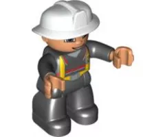 Duplo Figure Lego Ville, Male Fireman, Black Legs, Nougat Hands, White Helmet, Blue Eyes
