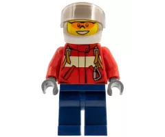 Fire - Pilot Male, Red Fire Suit with Carabiner, Dark Blue Legs, White Helmet, Trans-Black Visor, Orange Safety Glasses