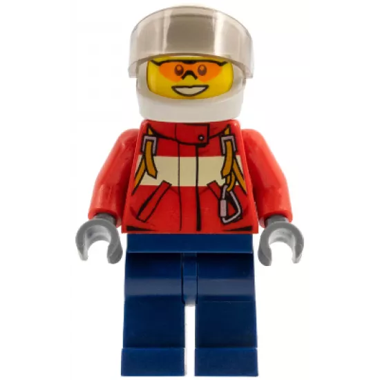 Fire - Pilot Male, Red Fire Suit with Carabiner, Dark Blue Legs, White Helmet, Trans-Black Visor, Orange Safety Glasses