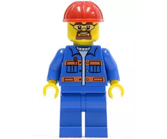 Blue Jacket with Pockets and Orange Stripes, Blue Legs, Red Construction Helmet, Safety Goggles