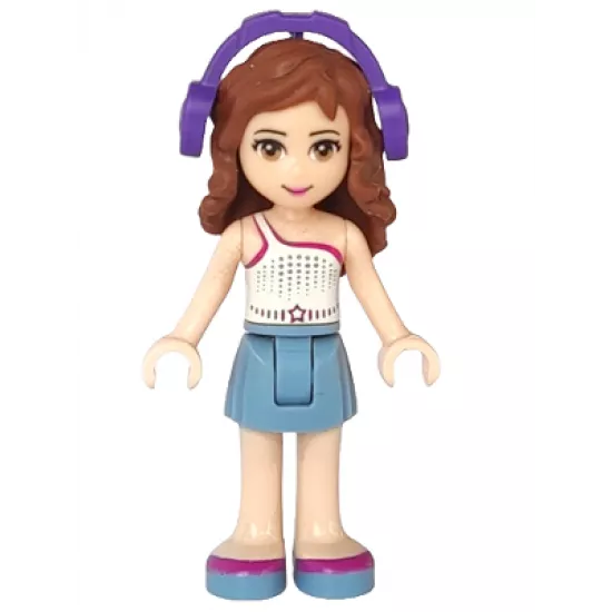 Friends Olivia, Sand Blue Skirt, White One Shoulder Top with Magenta Trim,  Headphones