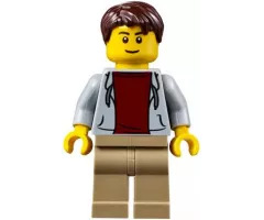 Light Bluish Gray Hoodie with Dark Red Shirt, Dark Tan Legs, Dark Brown Tousled Hair, Thin Grin