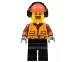 Cargo Center Worker - Male, Orange Safety Vest, Reflective Stripes, Reddish Brown Shirt, Black Legs, Red Construction Helmet with Black Headphones, Goatee