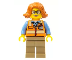 Cargo Office Worker - Orange Safety Vest with Reflective Stripes, Dark Tan Legs, Dark Orange Female Hair Short Swept Sideways, Glasses