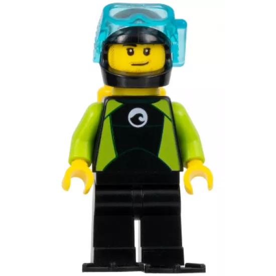 Diver, Male, Black Flippers and Wetsuit with White Logo, Yellow Scuba Tank