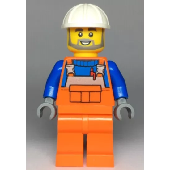 Construction Worker - Male, Orange Overalls with Reflective Stripe and Buckles over Blue Shirt, Orange Legs, White Construction Helmet