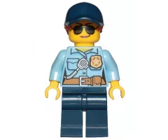 Police - City Officer Female, Bright Light Blue Shirt with Badge and Radio, Dark Blue Legs, Dark Blue Cap with Dark Orange Ponytail, Sunglasses