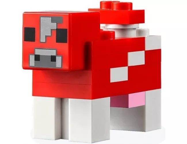 Minecraft Cow, Mooshroom (Light Bluish Gray Pixel Between Eyes and Dark Bluish Gray Top Border on Forehead) - Brick Built