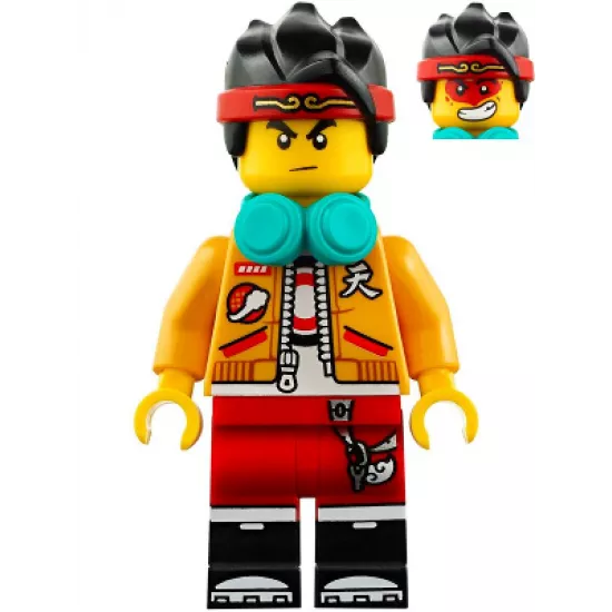 Monkie Kid - Bright Light Orange Open Jacket, Dark Turquoise Headphones, Neutral / Angry with Red Face Paint